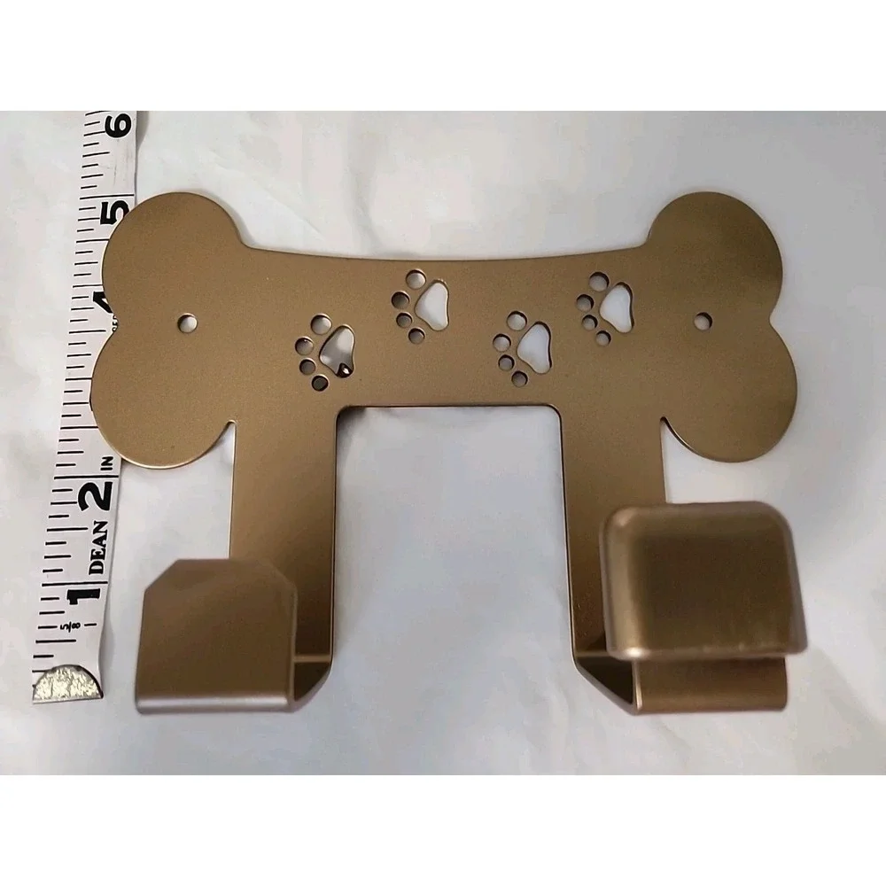 Dog Lovers Leash Rack Bone Shape with Puppy Paws Gold Metal 2 Hooks 7